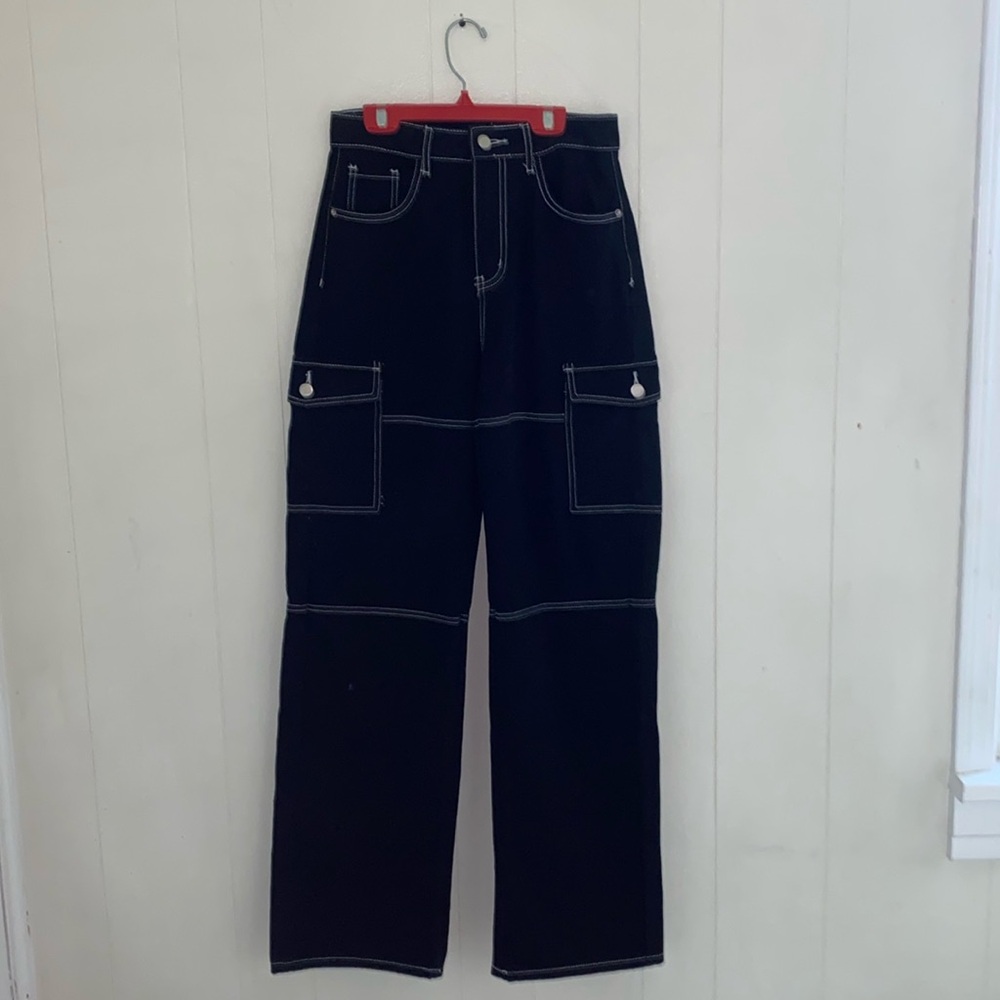 Black wide leg jeans with white stitching detail